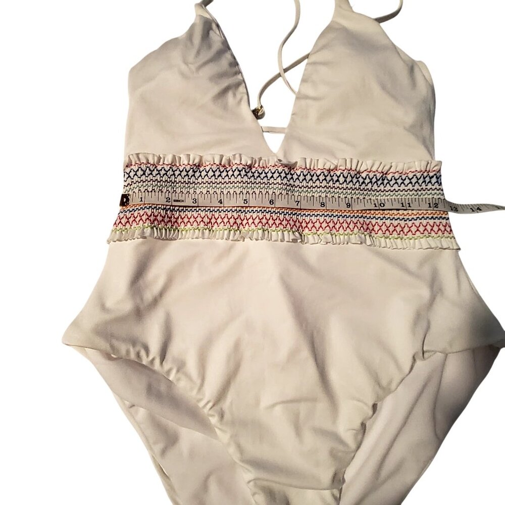 Smocking Solids White Swimwear With Multicolor Waist Detail Halter Style Medium